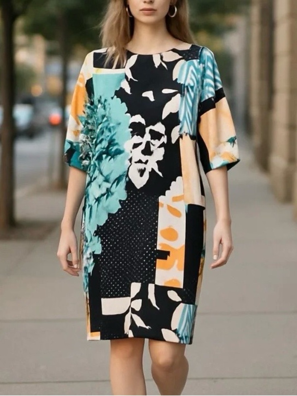 Chico's Black Floral Midi Dres Subtle White Pattern kimono sleeve patchwork